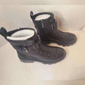 Karl Lagerfeld Maeva Leather Black Rhinestone Embellished Combat Boots 6.5